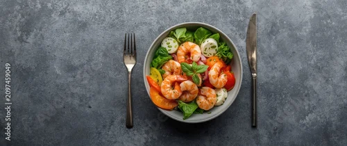 Panel kuchenny z motywem Shrimp salad with fresh vegetables in a bowl