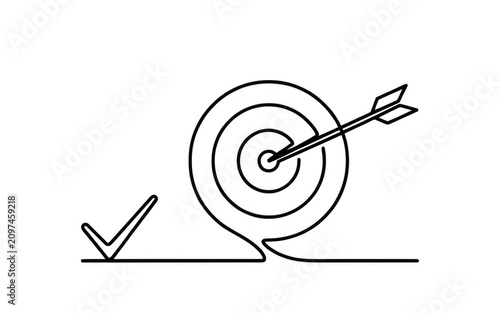 Bullseye with arrow and checkmark in simple line art style isolated on transparent background