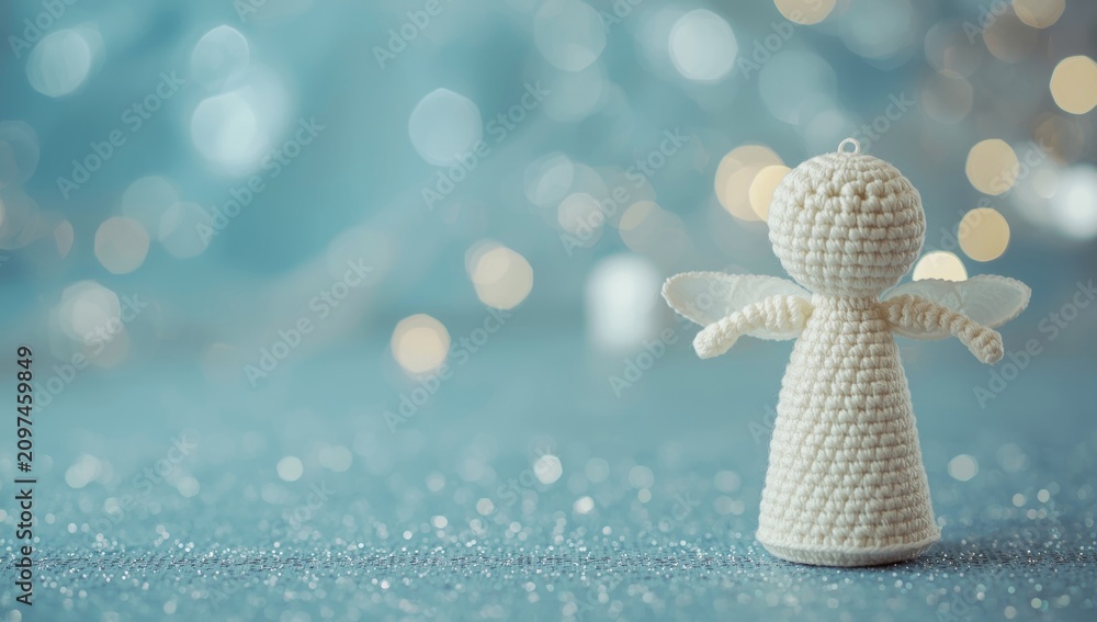 Obraz premium White crocheted angel figure with festive shimmering blue textured background and bokeh