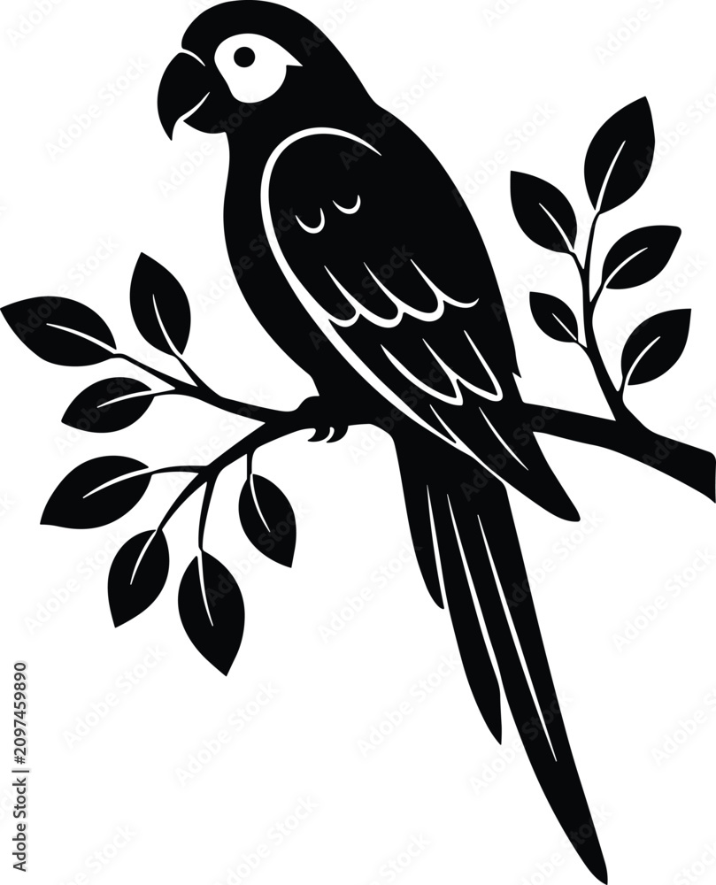 Fototapeta premium Black silhouette of a parrot sitting on a tree branch with leaves Vector