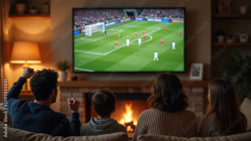 Obraz premium Family gathered, cheering on their favorite team, excitement fills room, cozy atmosphere