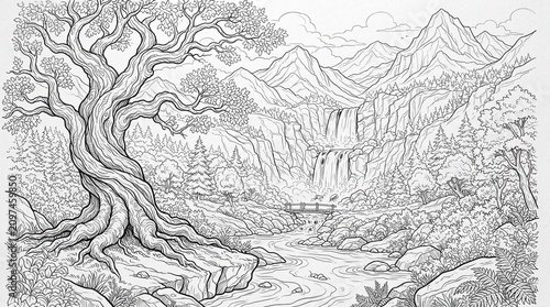 Detailed Black and White Mountain Landscape Line Art with Ancient Tree, River and Waterfall
