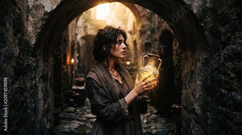 Woman Holding Glowing Crystal in Ancient Stone Tunnel, Mystical Fantasy Adventure Scene
