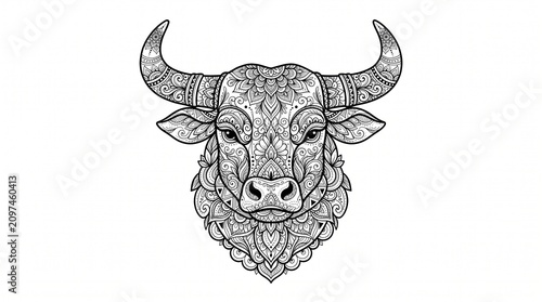 Intricate Bull Head Mandala Line Art Illustration