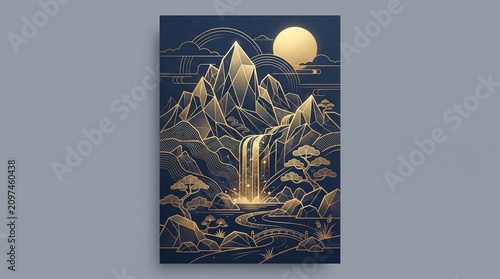 Luxury Gold Line Art Mountain Waterfall Landscape Illustration
