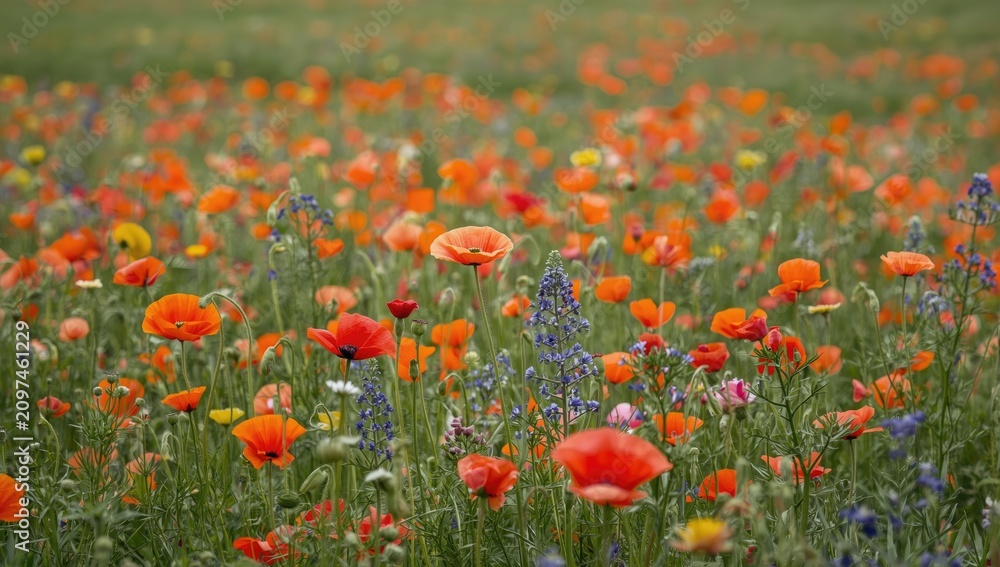 Fototapeta premium Colorful wildflower field with red and purple blooms