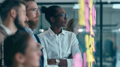 Creative business meeting in a modern office with team members analyzing ideas on a glass wall, corporate collaboration, project planning, digital transformation, and innovative wo