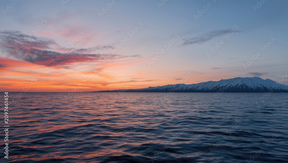 Fototapeta premium Mountain Reflection on a Calm Ocean During Sunset Sky with Colorful Clouds