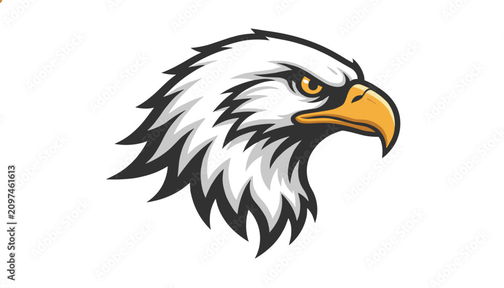 Fototapeta premium Majestic bald eagle head mascot illustration with sharp gaze and detailed feathers isolated on a clean white background.