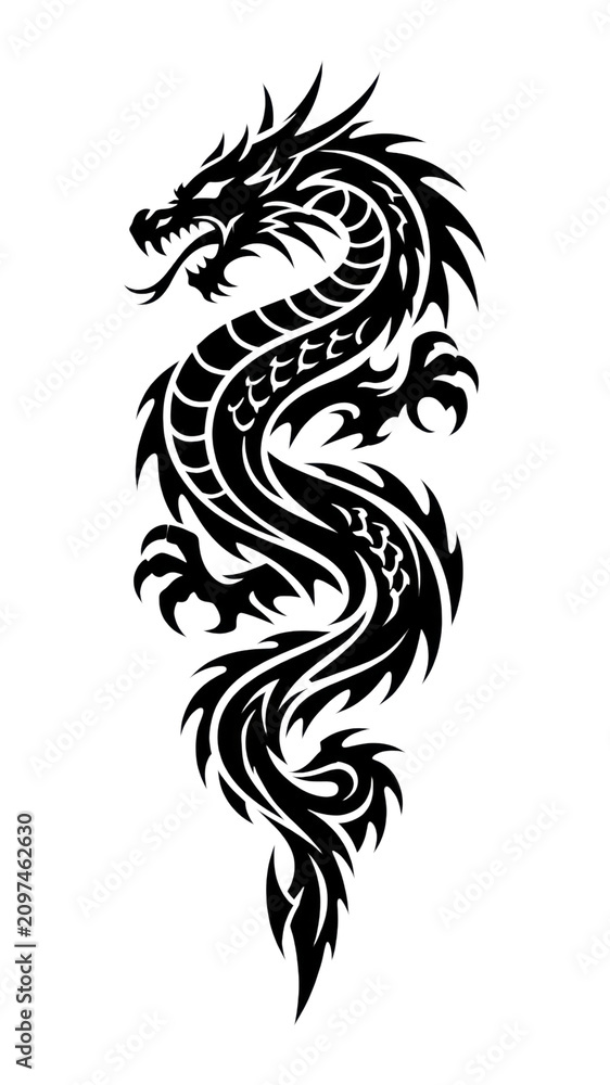 Fototapeta premium PNG Intricate black tribal dragon tattoo design.