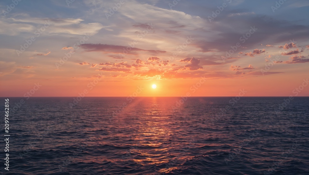 Fototapeta premium Sunset Over the Ocean - Calm Waters, Soft Light, Wide Angle
