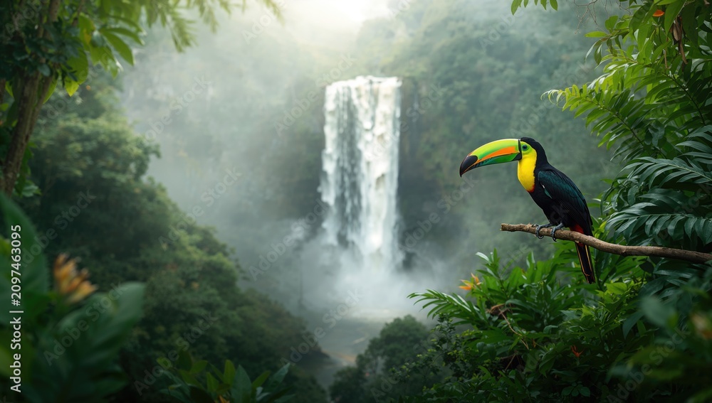 Fototapeta premium Toucan Perched on a Branch Near a Waterfall in a Lush Green Landscape