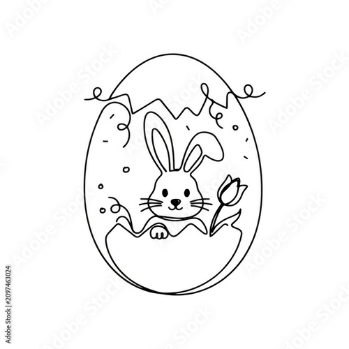 Cute bunny emerging from cracked Easter egg with tulip during spring celebration isolated on transparent background
