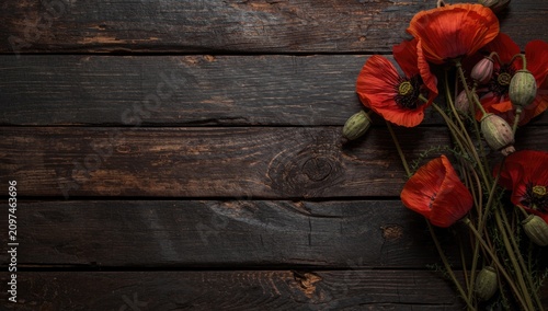 Red Poppies on Dark Wooden ...