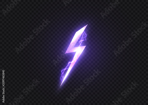Foto Glowing purple lightning bolt with electric sparks for game energy, power, speed, attack indicators and fantasy interface design