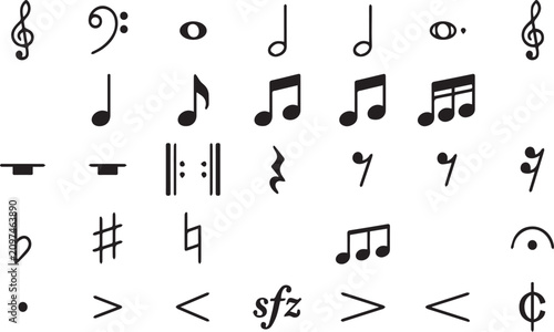 Fotografía Professional collection of musical notation elements clefs notes rests and key signatures