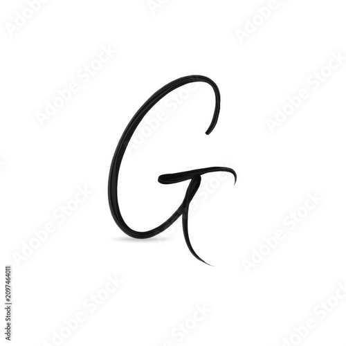 Elegant black cursive letter G with a subtle shadow isolated on a clean backdrop for design