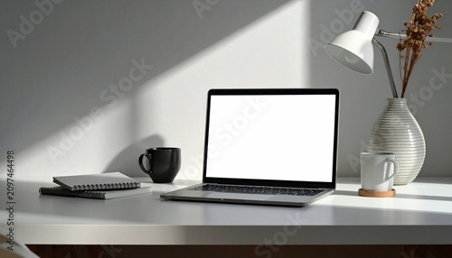 Minimalist Workspace with Laptop, Lamp, and Coffee Cup.