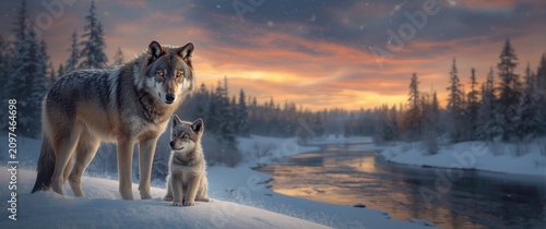 Wolves Standing by a Snowy ...