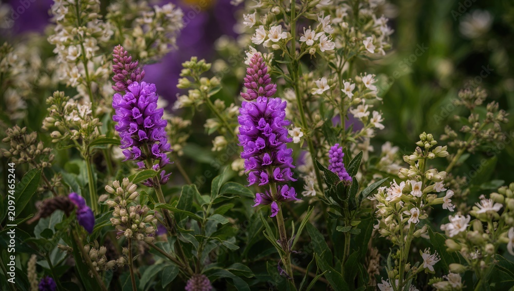 Obraz premium Purple and White Wildflowers Growing in a Lush Garden Setting