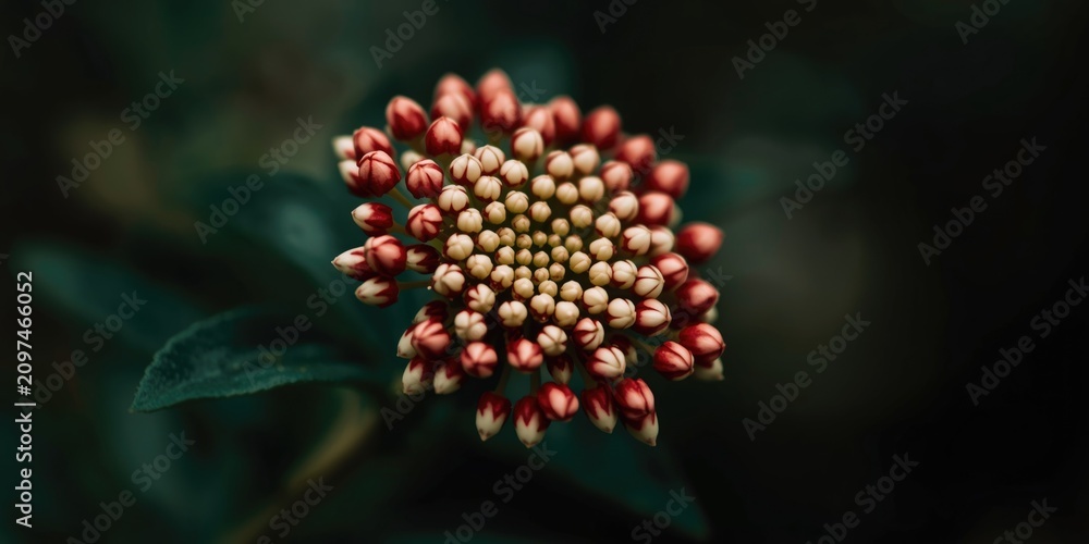 Obraz premium Closeup of Red and Cream Flower Buds on Dark Green Background