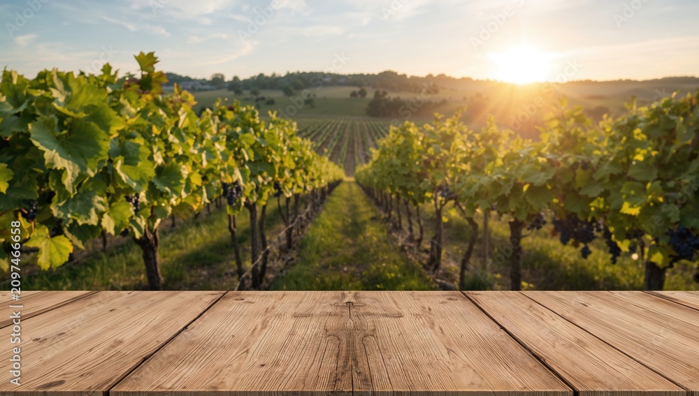 Obraz premium Vineyard at Sunset with Wooden Table in Foreground and Scenic Landscape