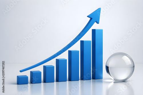 3D render of an upward trending bar graph with a blue arrow and a clear sphere, symbolizing growth, success, and positive business trends on a clean background.