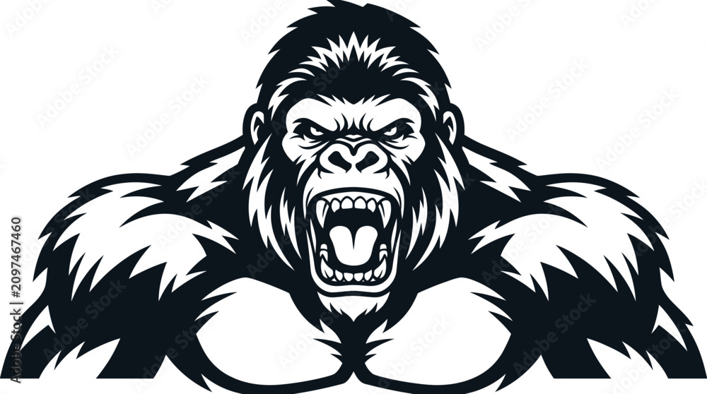 Fototapeta premium Aggressive gorilla mascot illustration featuring a detailed monochromatic black and white design with sharp lines