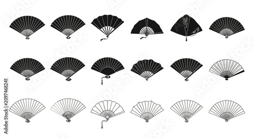 Traditional Japanese folding fan icons, set of 18 oriental hand fan vector silhouettes, black and white asian cultural accessories for design