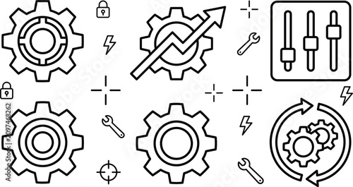 Settings and system optimization vector icon set featuring gear cog arrow panel slider wrench padlock lightning bolt mechanism.