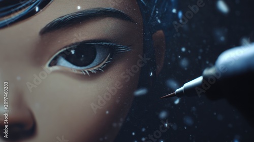 Close up of a digital art piece featuring a young persons eye and pen
