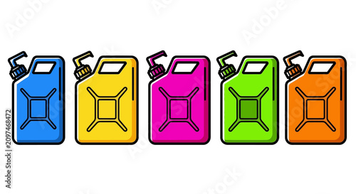 Cuadro en lienzo Colorful jerrycan vector set, five plastic fuel canisters in blue yellow pink gr