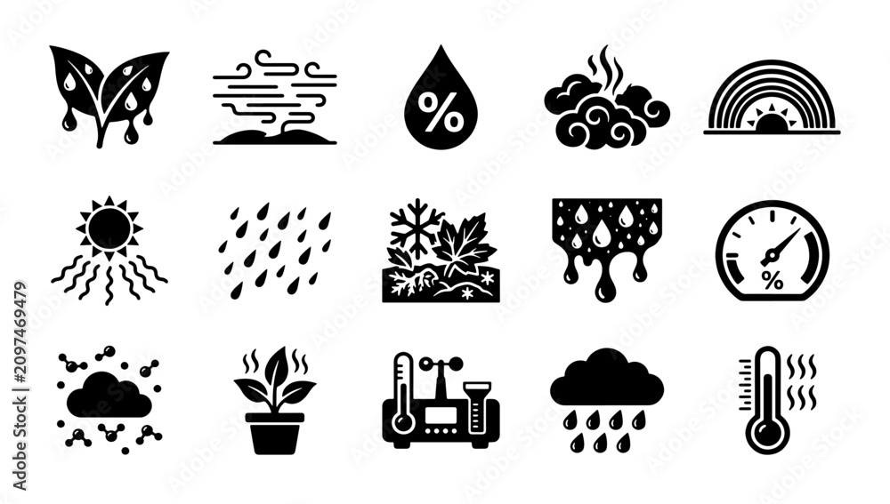 Fototapeta premium Weather and climate icons set, 15 black meteorology vector symbols, environmental forecast and humidity signs for mobile apps and web design