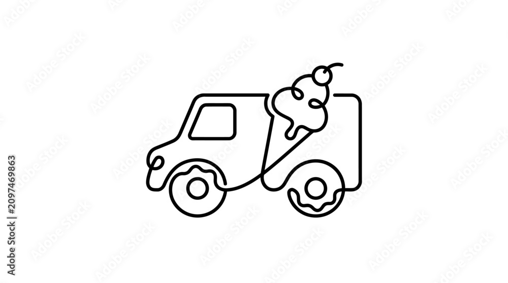 Fototapeta premium Continuous single line drawing of commercial delivery van or food truck with stylized swirl graphic on top and circular wheels, minimalist black monoline art on white background.