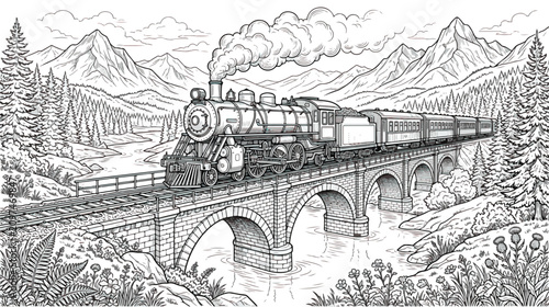 Tableau sur toile Vintage steam train, locomotive on bridge, scenic mountain landscape, black and