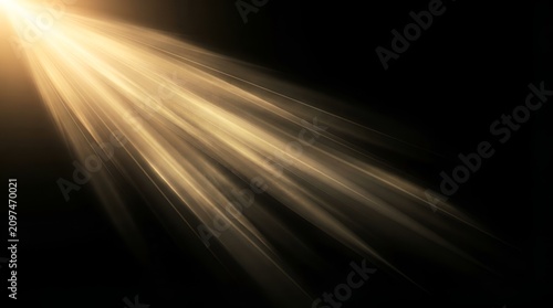 Golden light beam shining diagonally from the corner on a solid black background, for cinematic lighting, effects and visual overlays