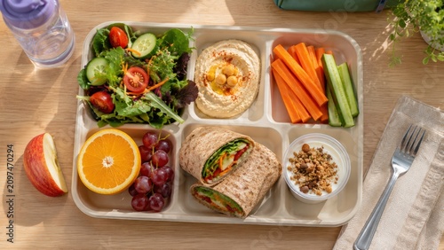 Healthy lunch tray featuring a variety of fresh vegetables, fruits, and a whole grain wrap, arranged neatly on a wooden table with a water bottle and napkin in the background