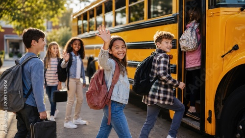 Group of children boarding a yellow school bus, smiling and waving, with backpacks and school supplies, in a sunny outdoor setting near a school building and trees in the background