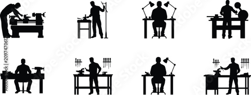 Foto Silhouettes of craftsmen working at lathes and workbenches with tools craftsman