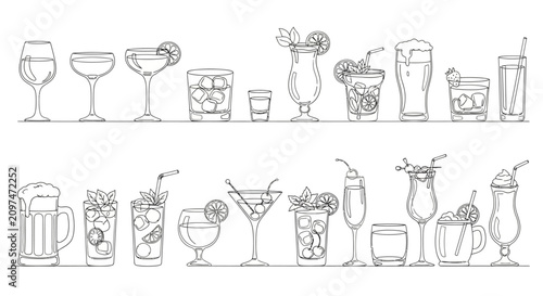 Cuadro en lienzo Cocktail, drink, and beverage icons, 20 line drawings, black and white, vector i