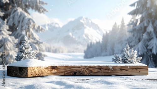 Winter Wonderland Product Display - Snowy Mountain Scene with Wooden Platform.