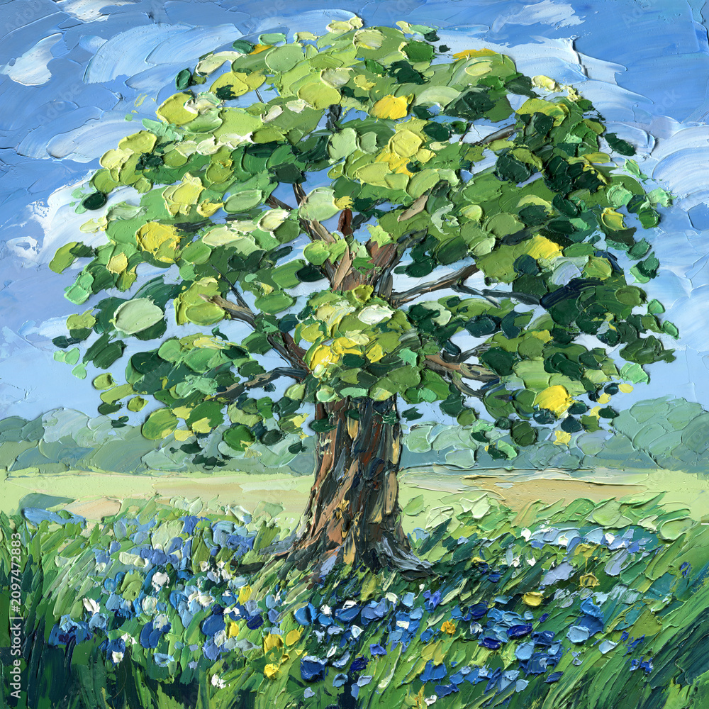 Obraz premium Oak tree in summer meadow with blue wildflowers textured impasto oil painting under bright sky for rustic nature wall decor design