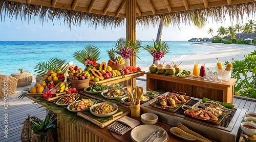 Fresh tropical food buffet served on a wooden table at a sunny beach resort under a thatched roof hut. seaside buffet tablescape