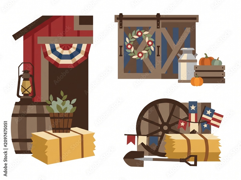 Obraz premium American rustic country barn scene icons.