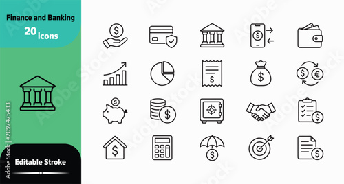 Finance and Banking Outline Icon Set with Payment, Wallet, Savings, Investment and Financial Management Symbols
