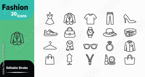 Fashion and Clothing Outline Icon Set with Apparel, Accessories, Footwear and Style Symbols