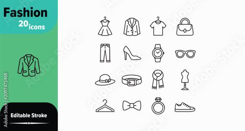 Fashion and Clothing Outline Icon Set with Apparel, Accessories, Footwear and Style Symbols