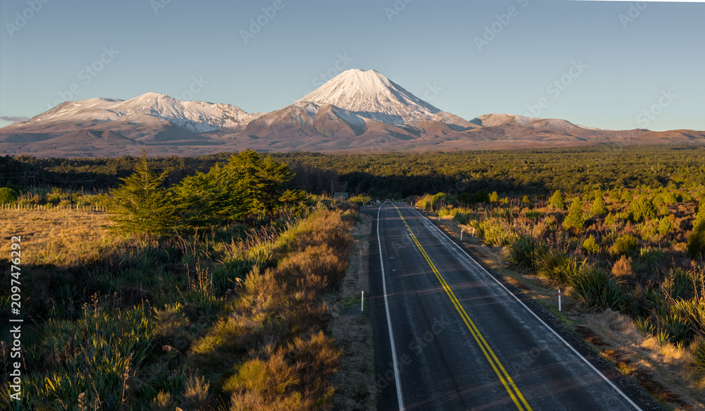 Obraz premium A lonely road winds through the Tongariro National Park in New Zealand, with Mount Ngauruhoe looming in the distance. A caution sign warns of kiwi crossings at night.