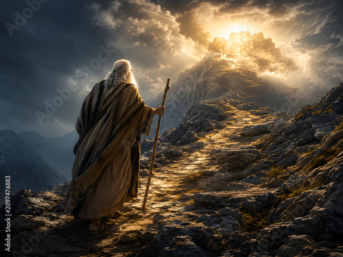Biblical scene: Moses ascending Mount Sinai (Horeb) amidst divine light and clouds