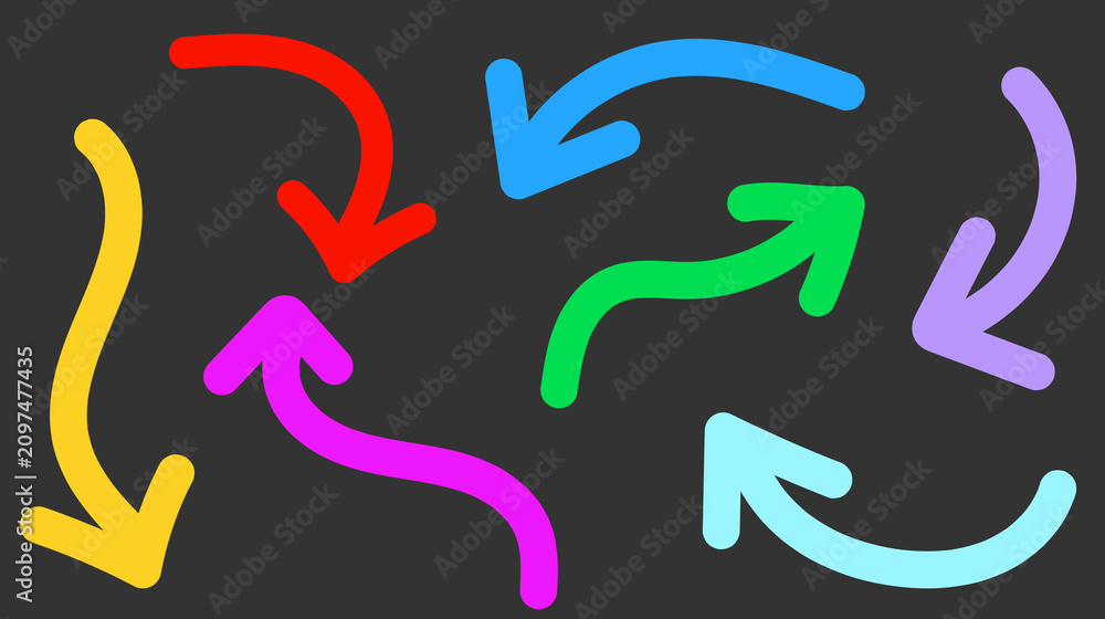 Fototapeta premium Set of colorful hand drawn doodle arrows on a dark background, vibrant curved arrow icons for design elements, collection of doodle style directional signs for web and graphic projects